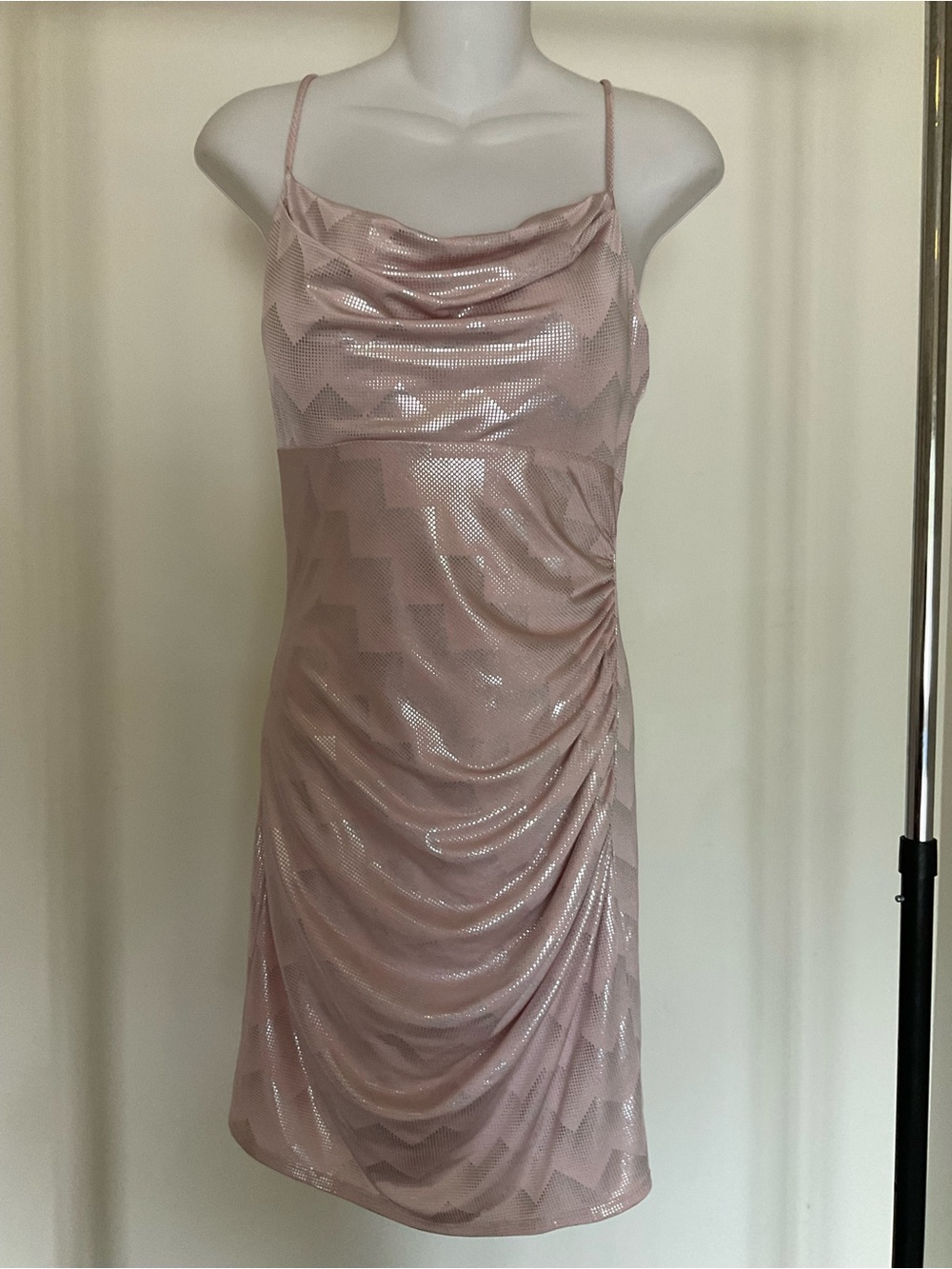 bebe Shimmery Blush Pink Cowl Ruched Mini Dress